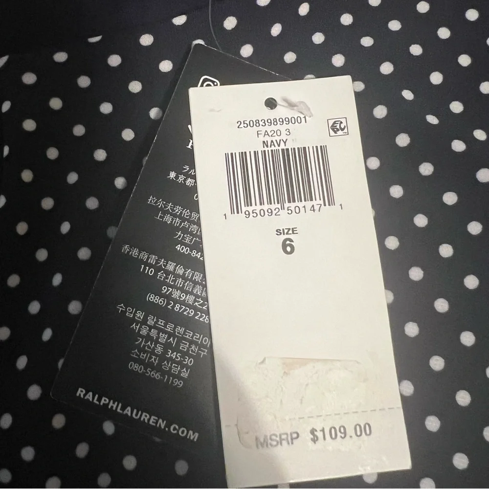 NEW Ralph Lauren Faux Wrap Ruched Jersey Knit Polka Dot Midi Dress in Navy Sz 6
